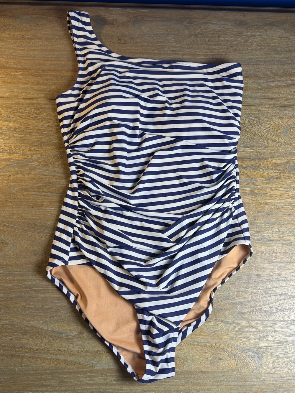 J. Crew Navy and White One-Shoulder Striped Swim Bodysuit
